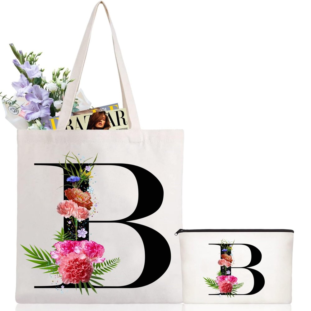 Andeiltech Initial Canvas Tote Bag Floral Letter Personalized Makeup Bag Monogrammed Gift for Bridesmaids Birthday Wedding