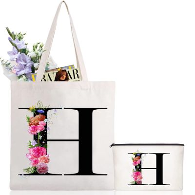 Andeiltech Initial Canvas Tote Bag Floral Letter Personalized Makeup Bag Monogrammed Gift for Bridesmaids Birthday Wedding