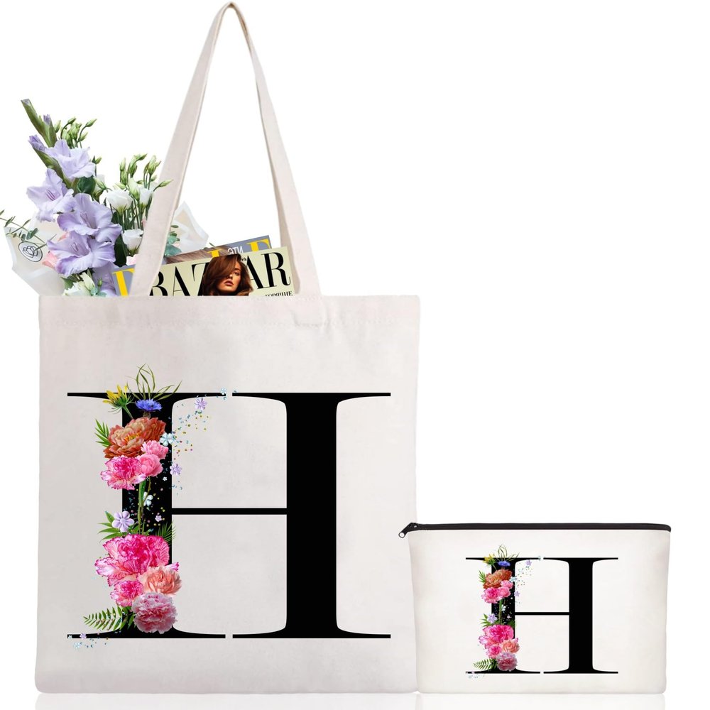 Andeiltech Initial Canvas Tote Bag Floral Letter Personalized Makeup Bag Monogrammed Gift for Bridesmaids Birthday Wedding