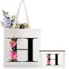 Andeiltech Initial Canvas Tote Bag Floral Letter Personalized Makeup Bag Monogrammed Gift for Bridesmaids Birthday Wedding view 1