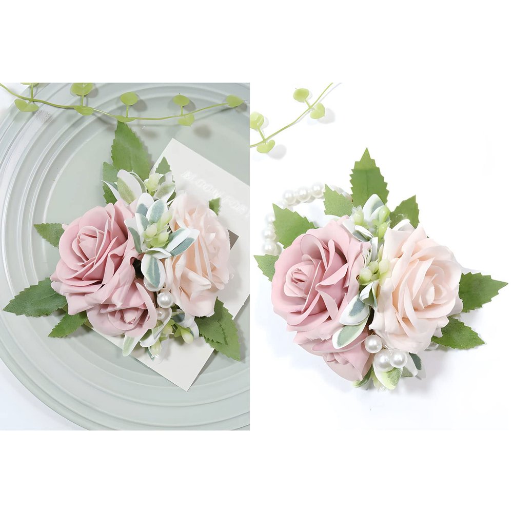 Cileruide Wrist Corsage Boutonniere for Wedding Bride Groom Roses Blossom Hand Pocket Flower Bridesmaid Groomsmen Parents Wristband Lapel Shoulder Flower Prom Homecoming Quinceanera (Dusty Pink Set)