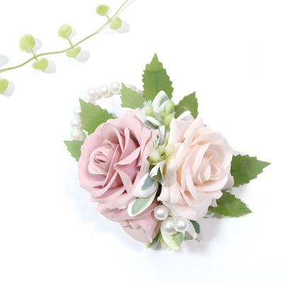 Wrist Corsage Boutonniere for Wedding Bride Groom Roses Blossom Hand Pocket Flower Bridesmaid Groomsmen Parents Wristband Lapel Shoulder Flower Prom Homecoming Quinceanera (Dusty Pink Wrist Corsage)