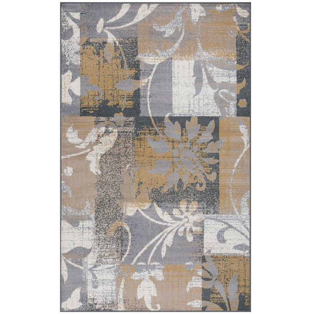 8' X 10' Beige and Gray Floral Power Loom Distressed Stain Resistant Area Rug