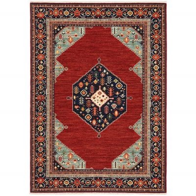 2' X 3' Red Blue Orange and Ivory Oriental Power Loom Stain Resistant Area Rug with Fringe