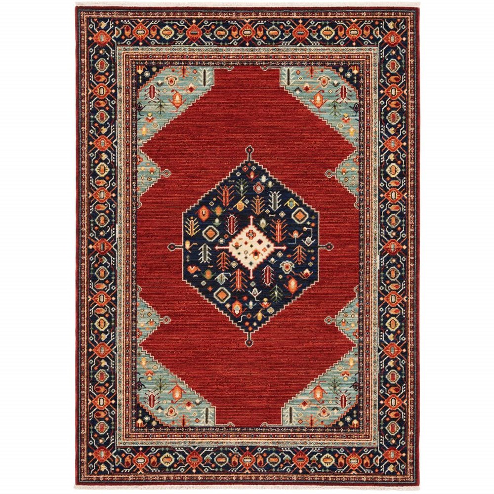 2' X 3' Red Blue Orange and Ivory Oriental Power Loom Stain Resistant Area Rug with Fringe