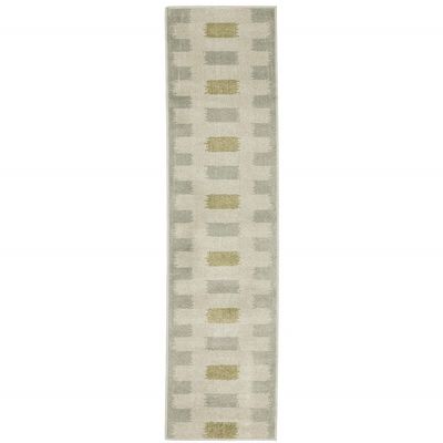 2' X 8' Beige Grey Gold and Green Geometric Power Loom Stain Resistant Runner Rug