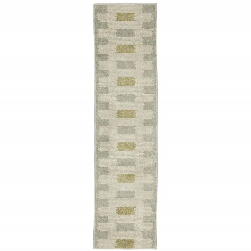2' X 8' Beige Grey Gold and Green Geometric Power Loom Stain Resistant Runner Rug