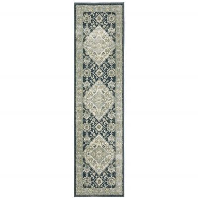 2' X 8' Teal Blue Ivory Green and Grey Oriental Power Loom Stain Resistant Runner Rug