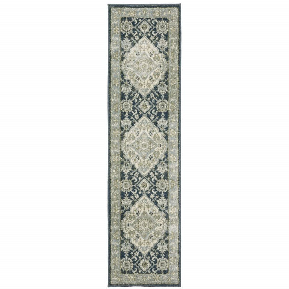 2' X 8' Teal Blue Ivory Green and Grey Oriental Power Loom Stain Resistant Runner Rug