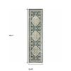 2' X 8' Teal Blue Ivory Green and Grey Oriental Power Loom Stain Resistant Runner Rug view 3