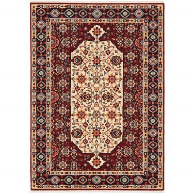 2' X 3' Red Ivory Blue and Orange Oriental Power Loom Stain Resistant Area Rug with Fringe