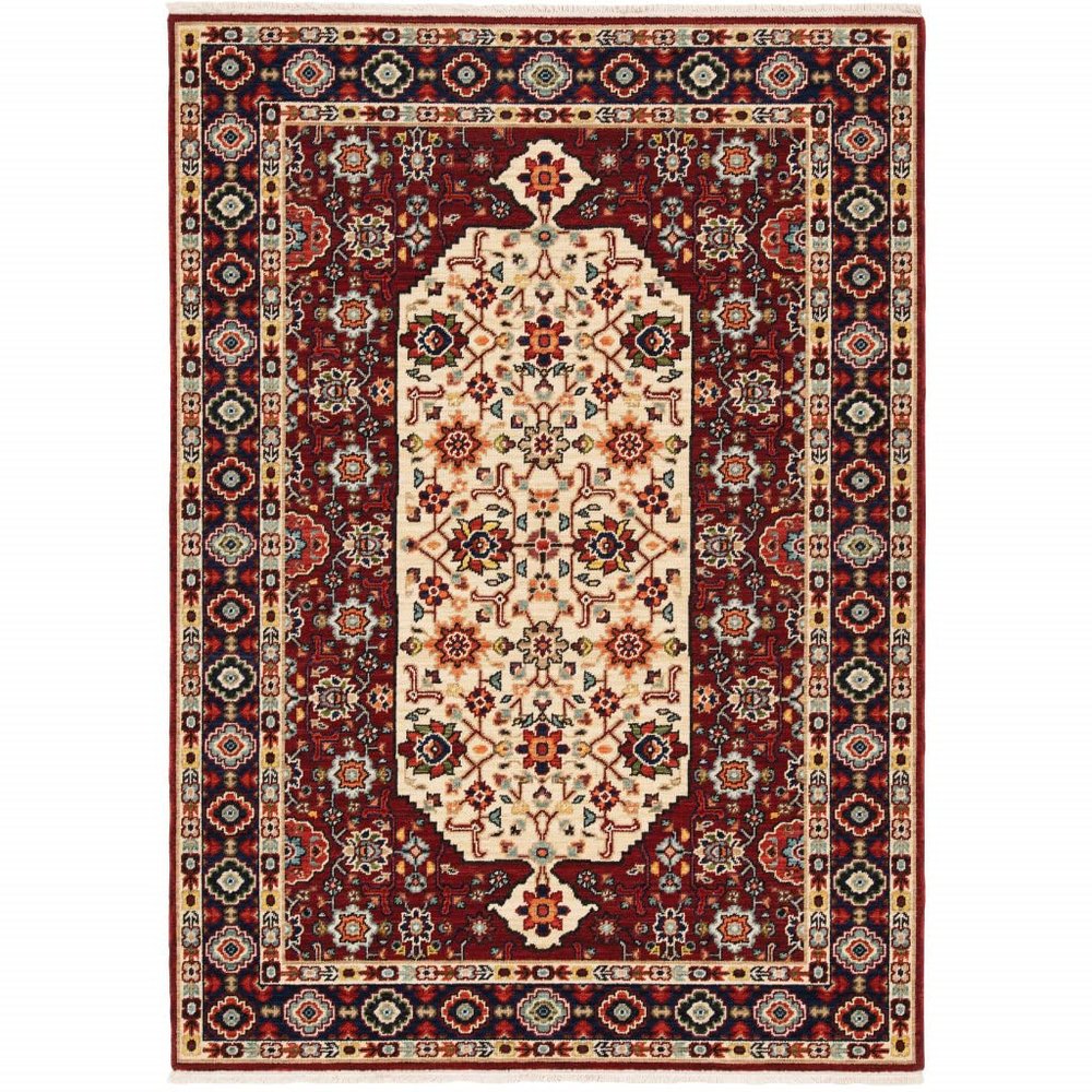 2' X 3' Red Ivory Blue and Orange Oriental Power Loom Stain Resistant Area Rug with Fringe