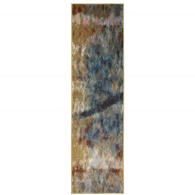 2' X 8' Blue Gold Teal Rust Grey and Beige Abstract Power Loom Stain Resistant Runner Rug