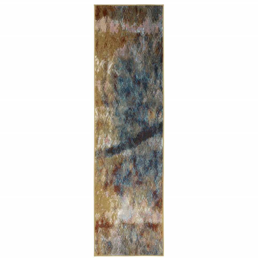 2' X 8' Blue Gold Teal Rust Grey and Beige Abstract Power Loom Stain Resistant Runner Rug