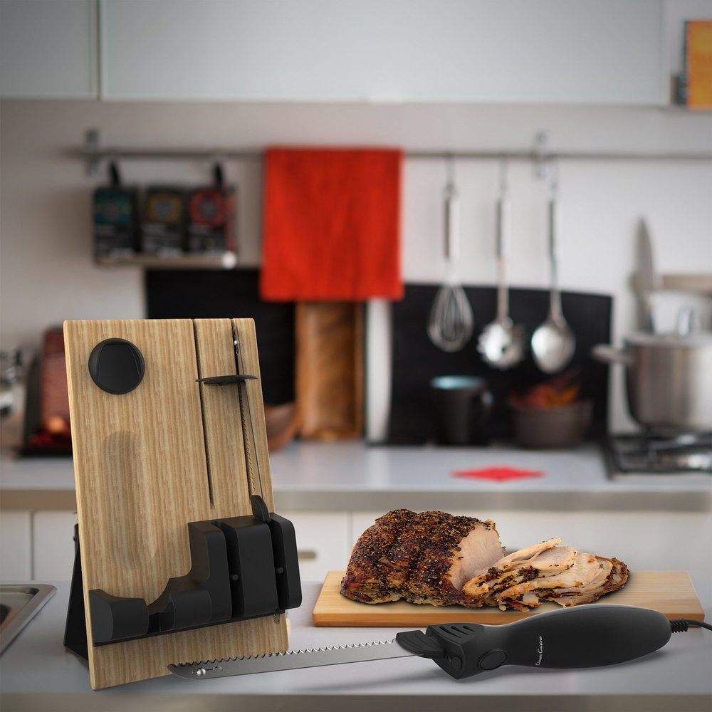 Electric Carving Knife Set - 2 Stainless-Steel Blades, Comfort Grip Handle, and Wood Storage Block for Slicing Bread, Meat and More by Classic Cuisine