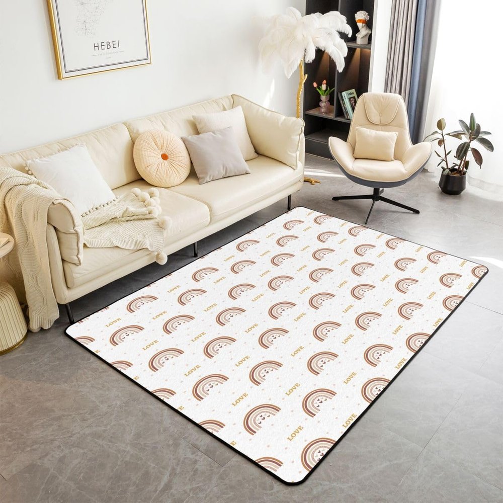 Rainbow Rug, Romantic Love Area Rug 5x7, Cute Cartoon Heart Pattern Carpet, Kawaii Brown Yellow Geometric Polka Dot Non Shedding Living Room Rugs for Kids Girls Boys