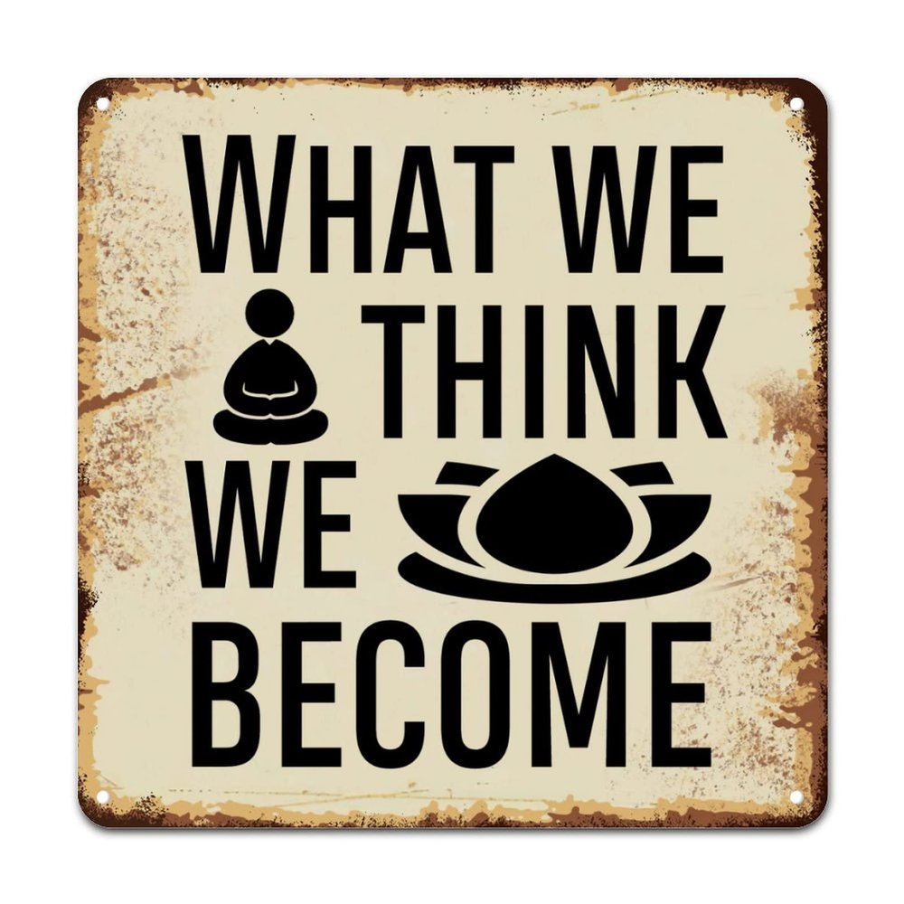 ArogGeld Metal Sign What We Think We Become Metal Wall Art Inspiring Bible Verse Wall Art Home Decor Artistic Plaque Sign Decor for Outdoor Street Home Bar Club She Shed 15.2x15.2in