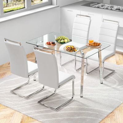 MEMUY 51" Small Glass Dining Table Set for 4,0.31Thick Tempered Glass Table Top with 4 Chrome Plate Metal Legs,4 PU Leather Dining Chairs for Kitchen Room