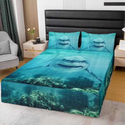 Feelyou Shark Sheet & Wrap Around Bed Skirt for Kids Boys Girls Aquatic Animal Dust Ruffle Bedskirt 15 Inch Drop Marine Life Pleated Bed Skirt for Full Bed with Split Corners