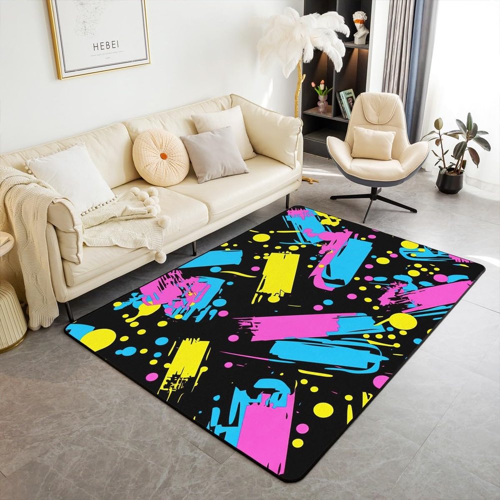 80S 90S Fashion Style Area Rug 6'6" x 4'11",Retro Memphis Style Pattern with Geometrical Shapes Rug for Kids,Funky Hipster Old Fashioned Decorative Accent Rug,Geometric Non Slip Carpet Bedroom Decor