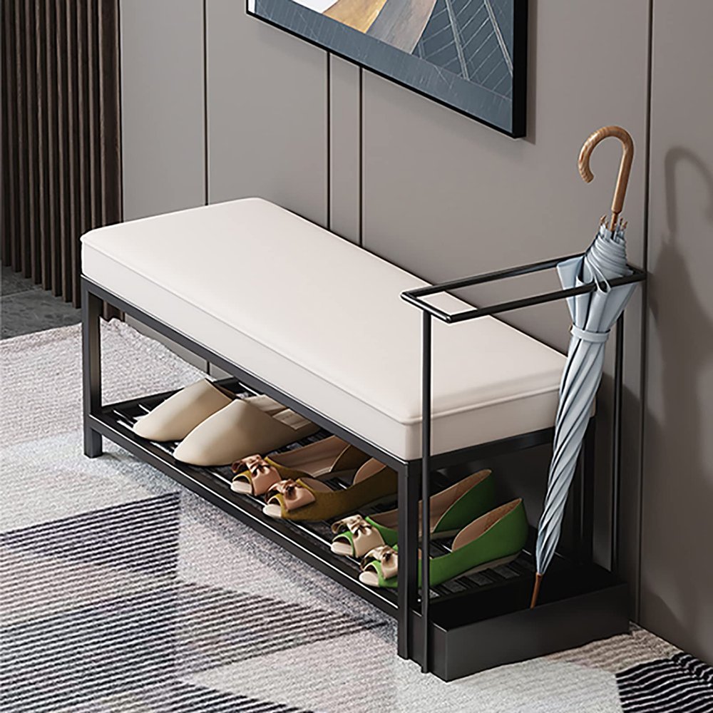 Entryway Bench with Umbrella Holder,Metal Shoe Rack Bench Shoe Storage Bench,Leather Upholstered Shoe Bench Modern Entry Shoe Organizer Furniture-White 100x33x38cm(39x13x15inch)