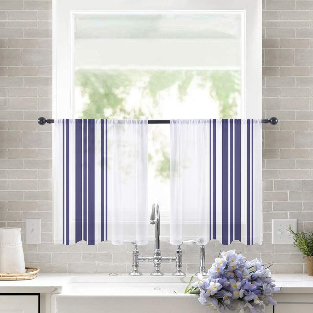 Autumn Sheer Curtains 54 Inches Length 2 Panels Set Chiffon Curtain Sheers for Living Room, Simple Style Navy Blue Color Stripes Texture Rod Pocket Window Drapes Sheer Privacy Curtains Panels