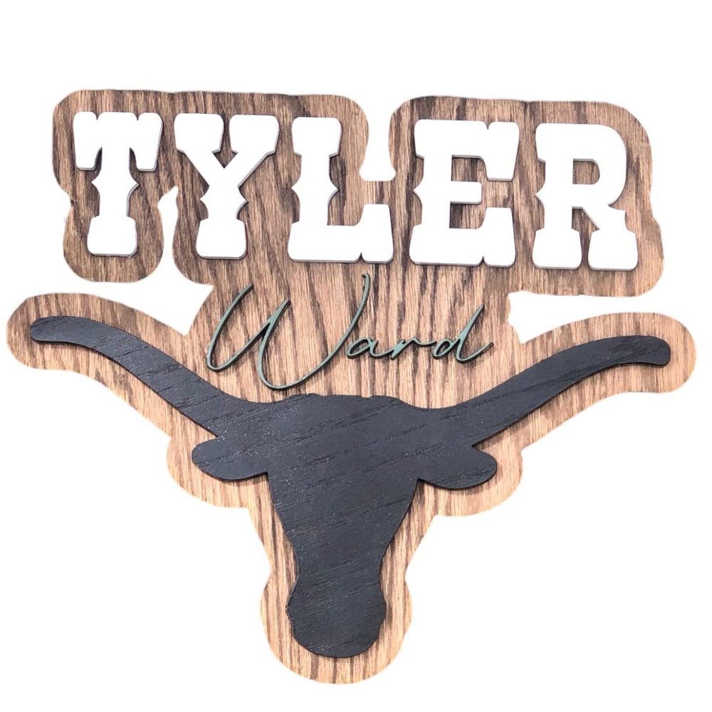 Name sign for boys room made from wood custom longhorn cow sign baby shower gift name sign country style rustic farmhouse name sign toddler (16inch)