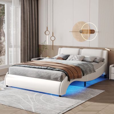 Anwick Full Size Modern Upholstered Platform Bed Frame with LED Lights Wave Like Smart Led Bed Frame with Headboard Full Low Profile Platform Bed Frame,Wood Slats,Easy Assemble (White, Full)