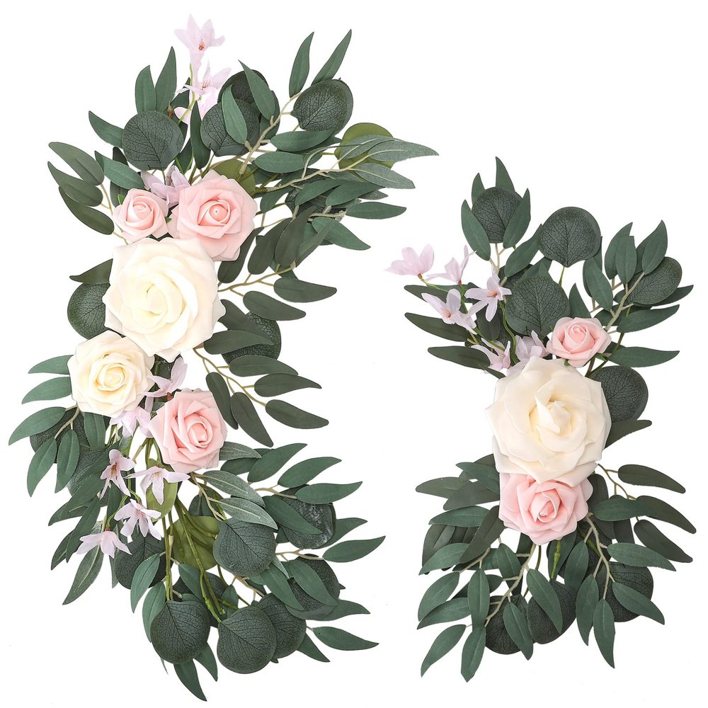 BEIJIALY 2pcs Wedding Arch Decor Rose Flower Swags, Rustic Wedding Arch Flowers Door Wreath Home Decoration Rose Flower Swag Arrangements for Wedding Welcome Sign(Pink)