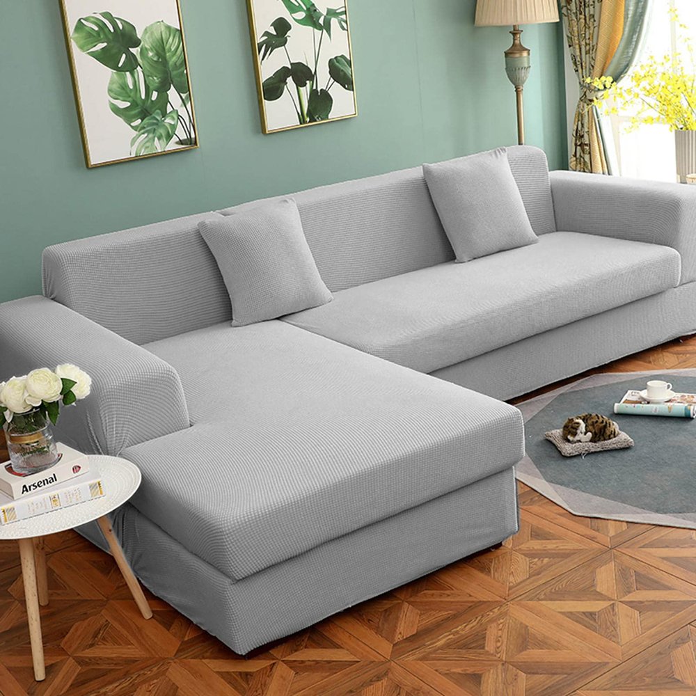 SORECI Full-Wrapped Universal Stretch Sofa Cover, Couch Cover L Shape Sectional Sofa Cover 2-Piece Soft Stretch Reversible Sofa Slipcover,Gray-L~shape4+4Seats