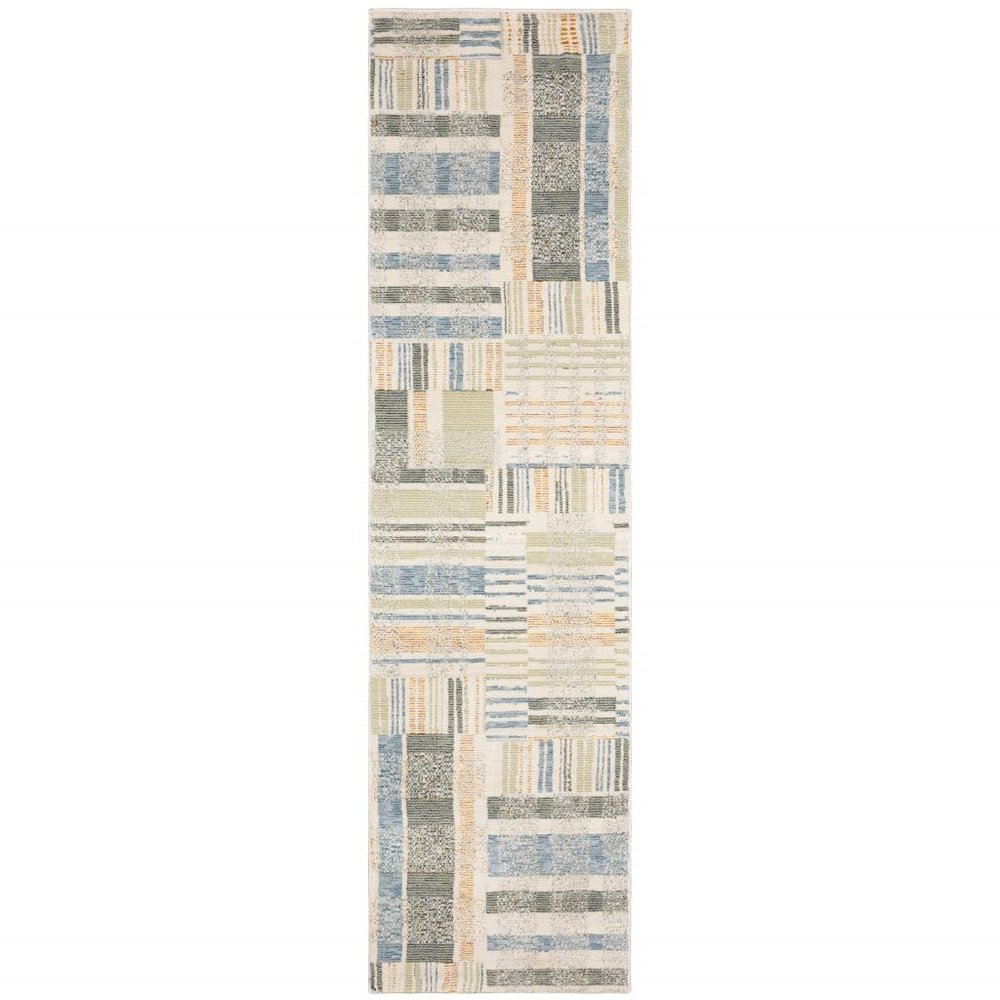 2' X 8' Green Grey and Ivory Geometric Power Loom Stain Resistant Runner Rug