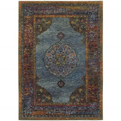 9' X 12' Blue Gold Green Red Orange and Purple Oriental Power Loom Stain Resistant Area Rug