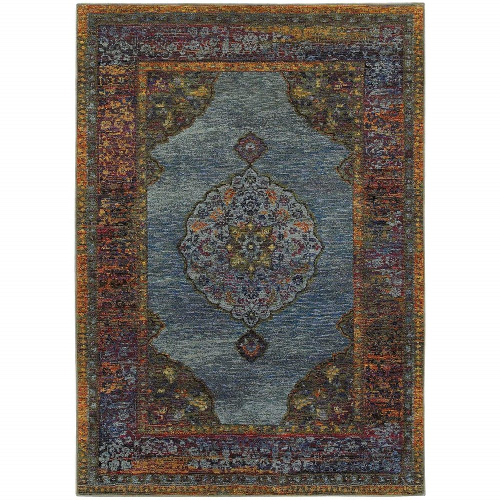 9' X 12' Blue Gold Green Red Orange and Purple Oriental Power Loom Stain Resistant Area Rug