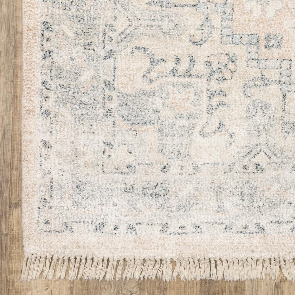 10' X 13' Beige and Grey Oriental Hand Loomed Stain Resistant Area Rug with Fringe