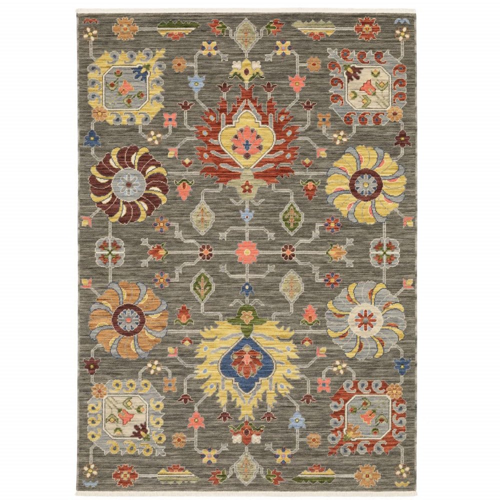 10' X 13' Grey Charcoal Yellow Blue Rust Red Pink Green and Ivory Oriental Power Loom Stain Resistant Area Rug with Fringe