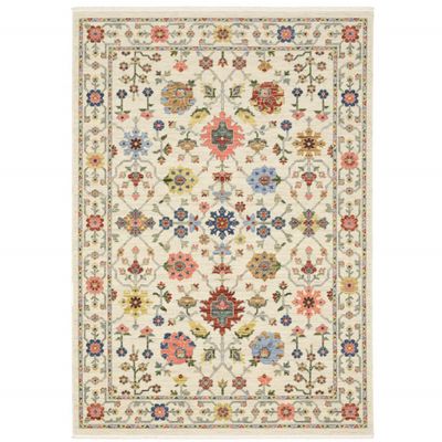 8' X 11' Ivory Salmon Pink Gold Blues Grey Rust and Green Oriental Power Loom Stain Resistant Area Rug with Fringe
