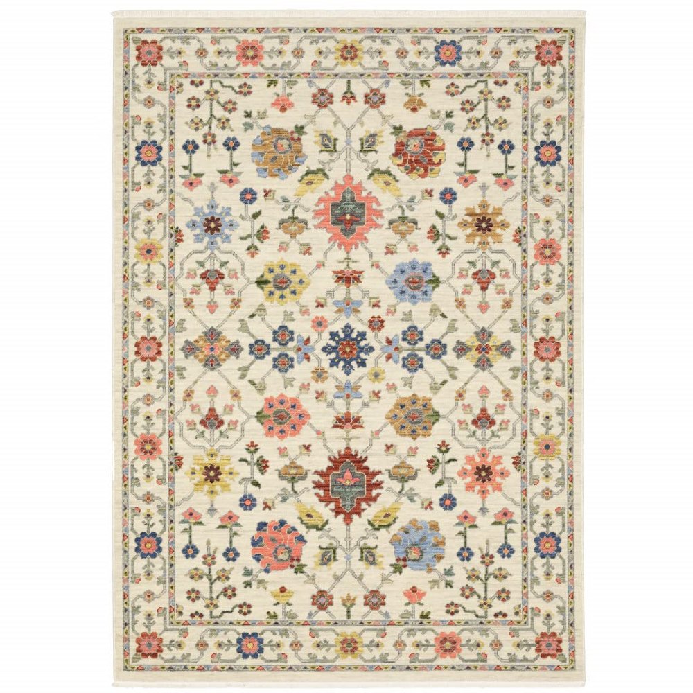 8' X 11' Ivory Salmon Pink Gold Blues Grey Rust and Green Oriental Power Loom Stain Resistant Area Rug with Fringe