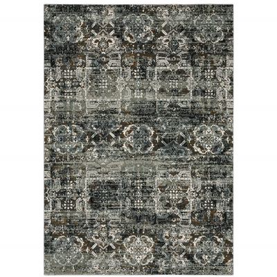 10' X 13' Ivory Charcoal Grey Blue Rust Gold and Brown Oriental Power Loom Stain Resistant Area Rug