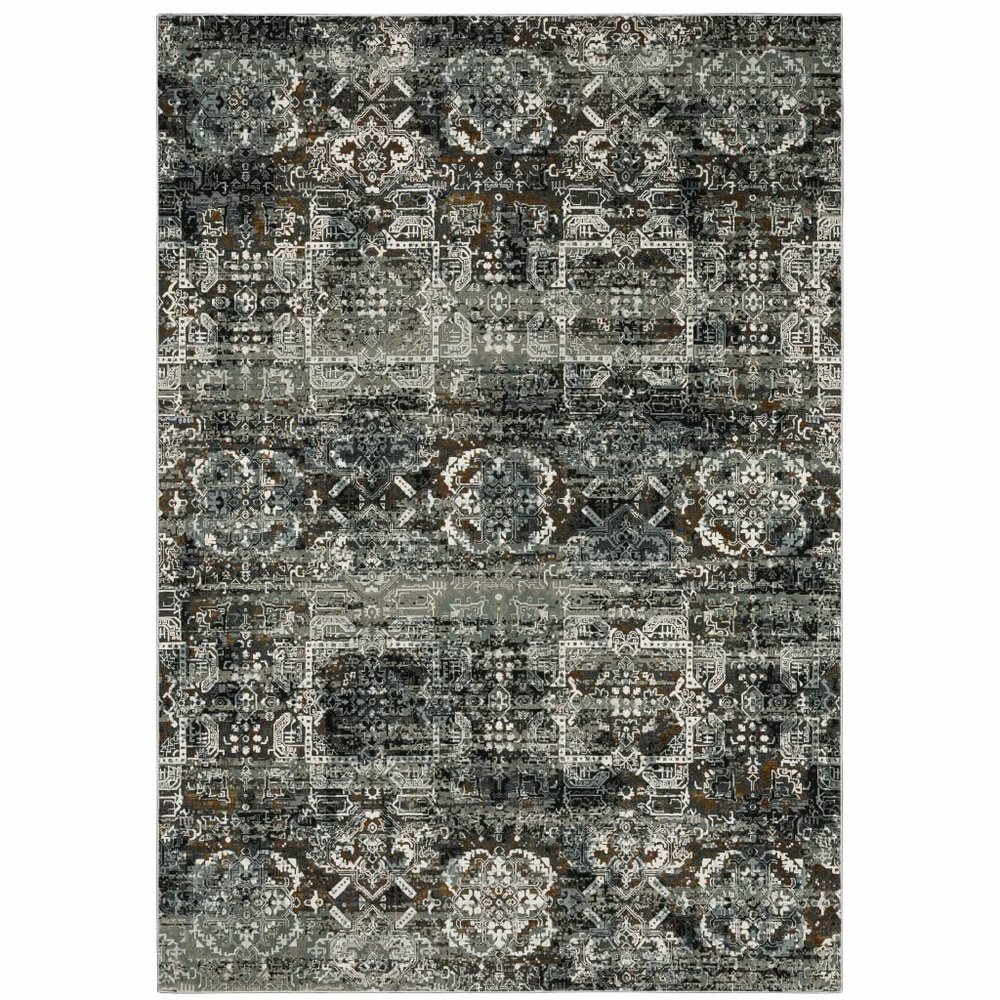 10' X 13' Ivory Charcoal Grey Blue Rust Gold and Brown Oriental Power Loom Stain Resistant Area Rug
