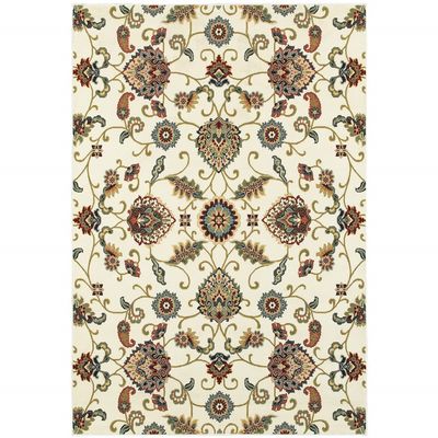 10' X 13' Ivory Green Blue Red Salmon and Yellow Floral Power Loom Stain Resistant Area Rug