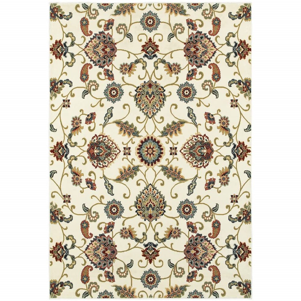 10' X 13' Ivory Green Blue Red Salmon and Yellow Floral Power Loom Stain Resistant Area Rug