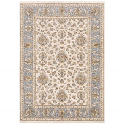 10' X 13' Ivory and Blue Oriental Power Loom Stain Resistant Area Rug with Fringe