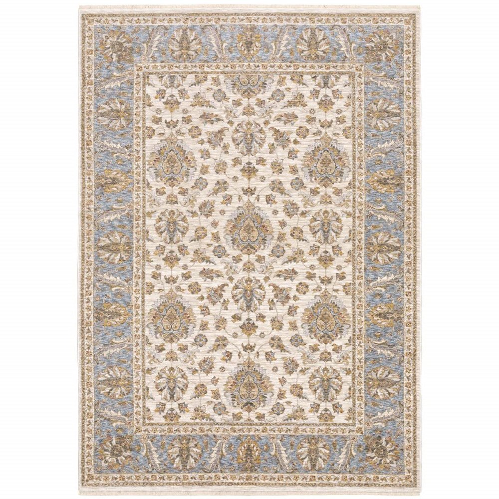 10' X 13' Ivory and Blue Oriental Power Loom Stain Resistant Area Rug with Fringe