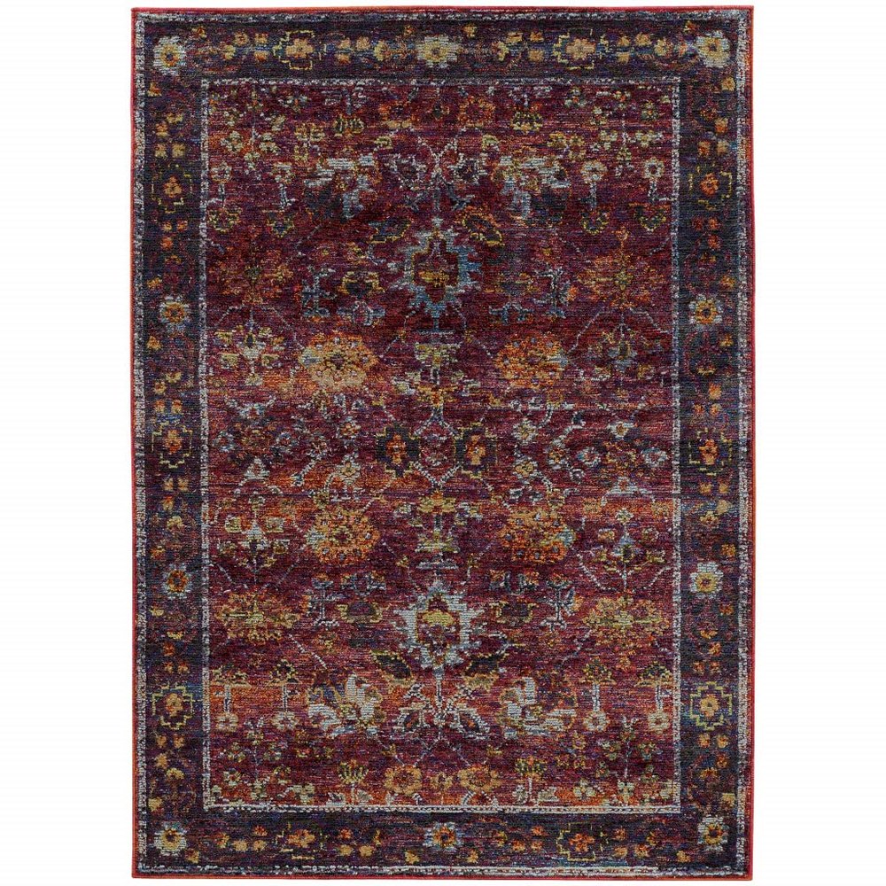 9' X 12' Red Purple Gold and Grey Oriental Power Loom Stain Resistant Area Rug