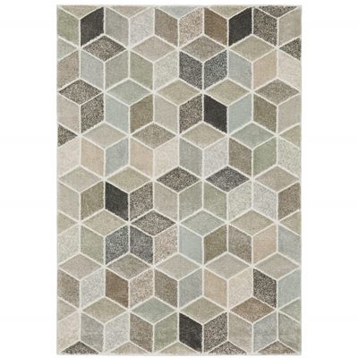 10' X 13' Beige Brown Grey Tan Sage and Pale Blue Geometric Power Loom Stain Resistant Area Rug