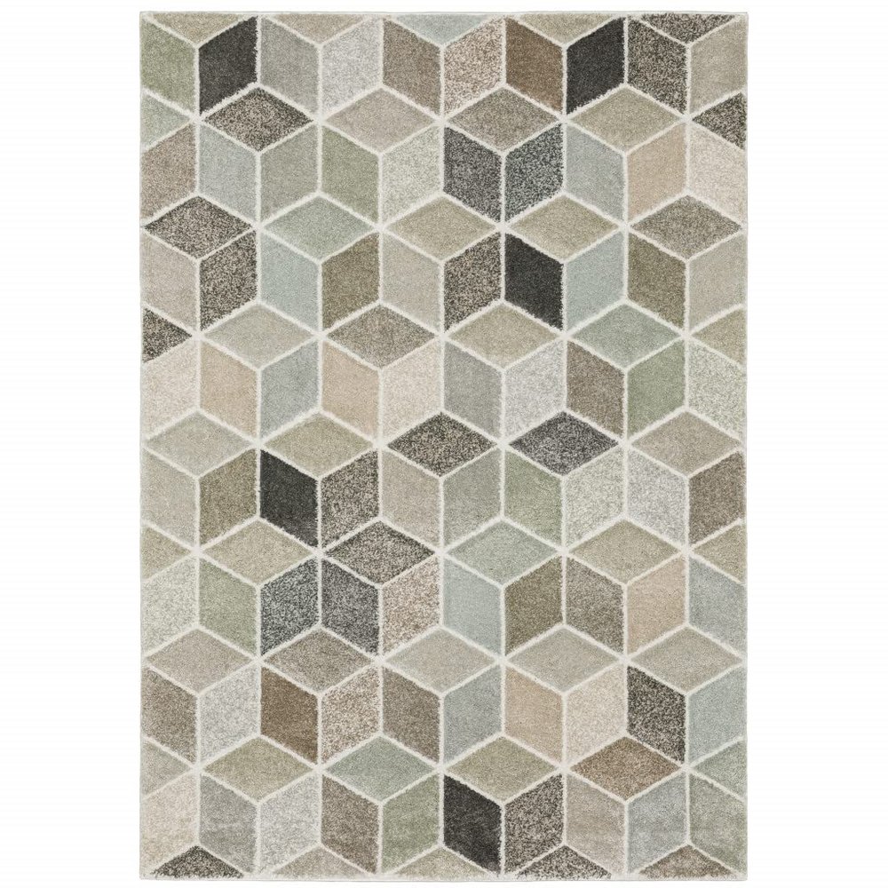 10' X 13' Beige Brown Grey Tan Sage and Pale Blue Geometric Power Loom Stain Resistant Area Rug