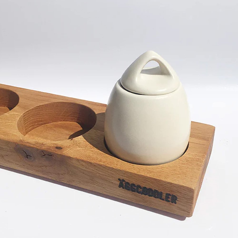 AggCoddler - Scandinavian Porcelain 4-Piece Egg Coddler with Serving Tray Set- Minimalist Design Egg Poacher Cooker for Quick and Easy Breakfast or Elegant Display - Small Julia