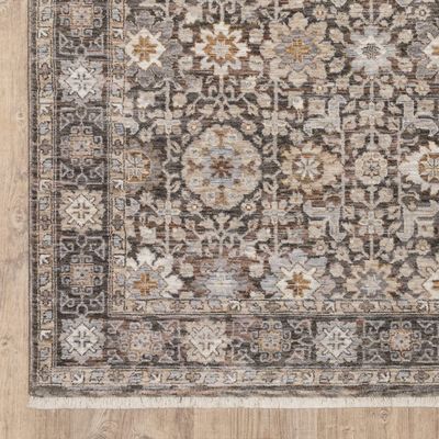 10' X 13' Grey and Ivory Oriental Power Loom Stain Resistant Area Rug with Fringe