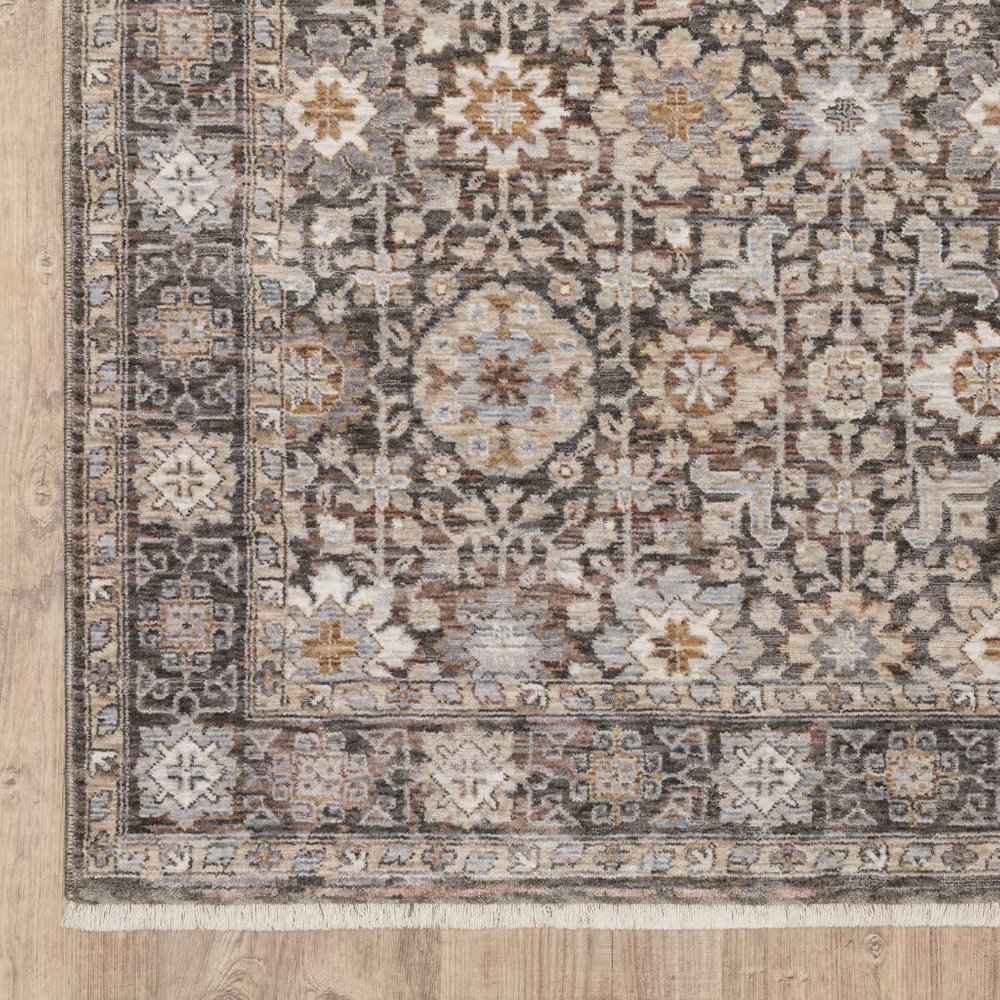 10' X 13' Grey and Ivory Oriental Power Loom Stain Resistant Area Rug with Fringe