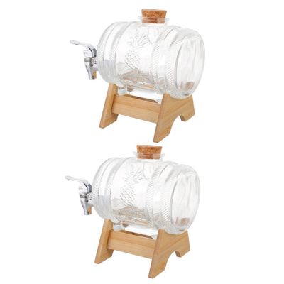 Anneome 2sets Glass Wine Barrels Bamboo Stand Retro Sealed Beverage Dispenser for Whiskey Rum Vodka and More Capacity Glass Drink Dispenser Lid